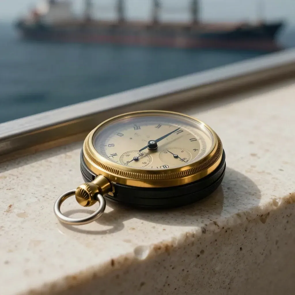 Brass marine chronometer, black cargo seal and metal key token on travertine under soft light.
