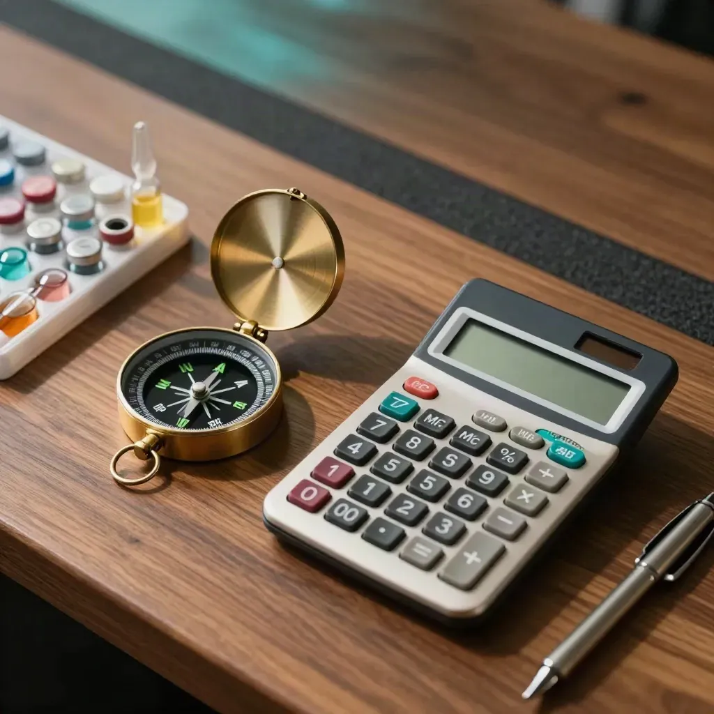 Route compass, dark calculator, and sample vials on a walnut trade bench under hard light.