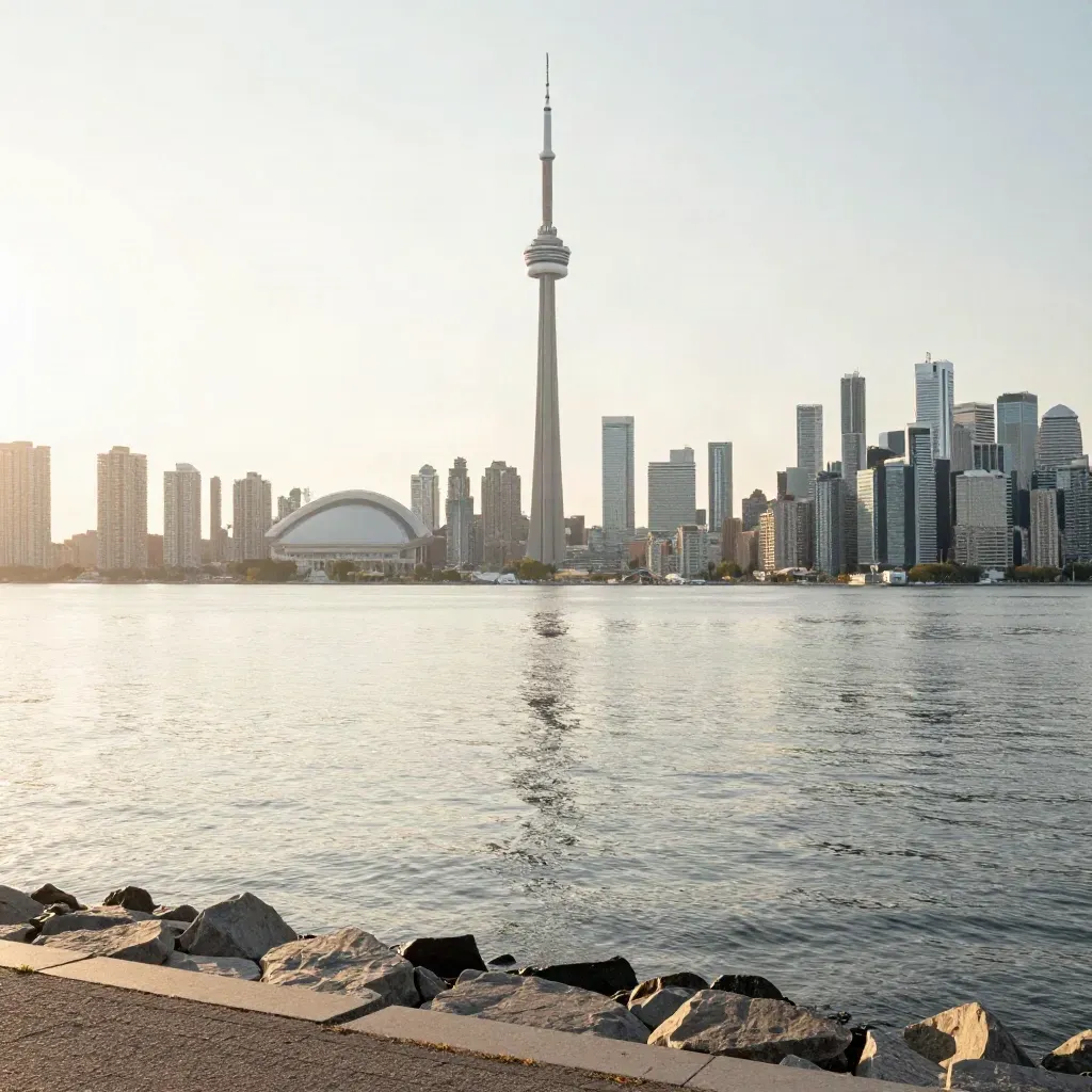 Toronto skyline and CN Tower above a calm hazy waterfront at sunset