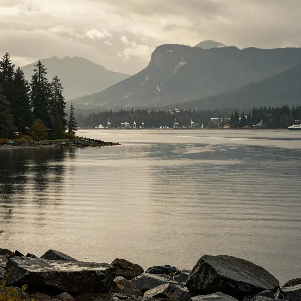 Misty Vancouver Harbour with layered mountains, cedar shoreline, and calm reflective water.
